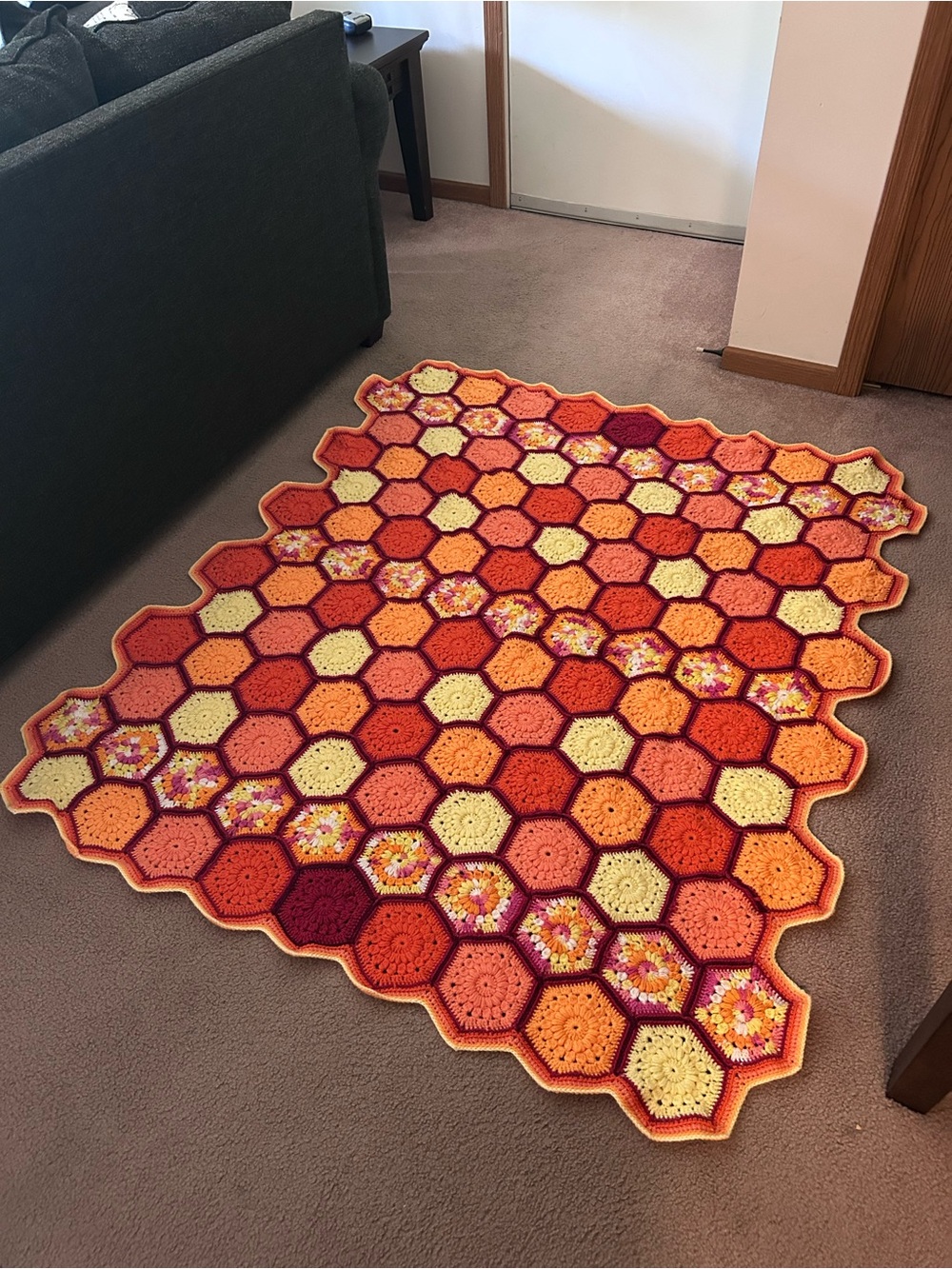 Handmade Hexagon Crochet Throw - Warm Sunset Colors